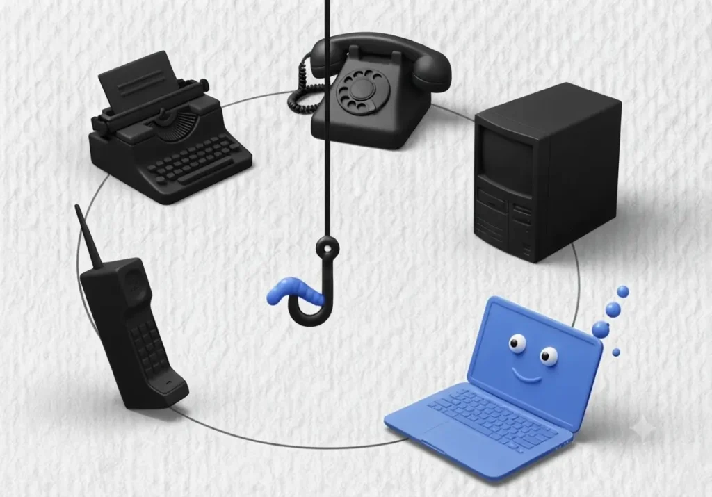 lustración 3D minimalista sobre la evolución del marketing, mostrando aparatos tecnológicos antiguos en negro y una laptop azul moderna frente a un anzuelo con un señuelo.