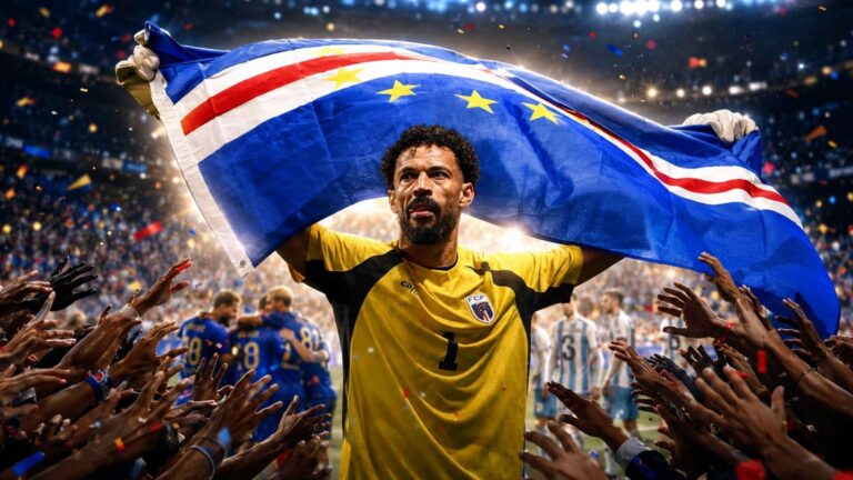 Jugadores de Cabo Verde celebran junto al arquero Vozinha durante el histórico partido ante Argentina en el Mundial 2026