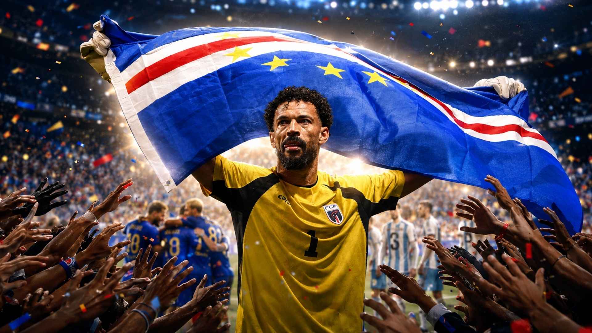 Jugadores de Cabo Verde celebran junto al arquero Vozinha durante el histórico partido ante Argentina en el Mundial 2026