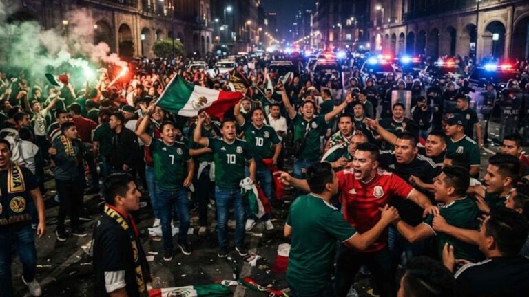 Aficionados celebrando el Mundial 2026 en México con ambiente tenso y violento