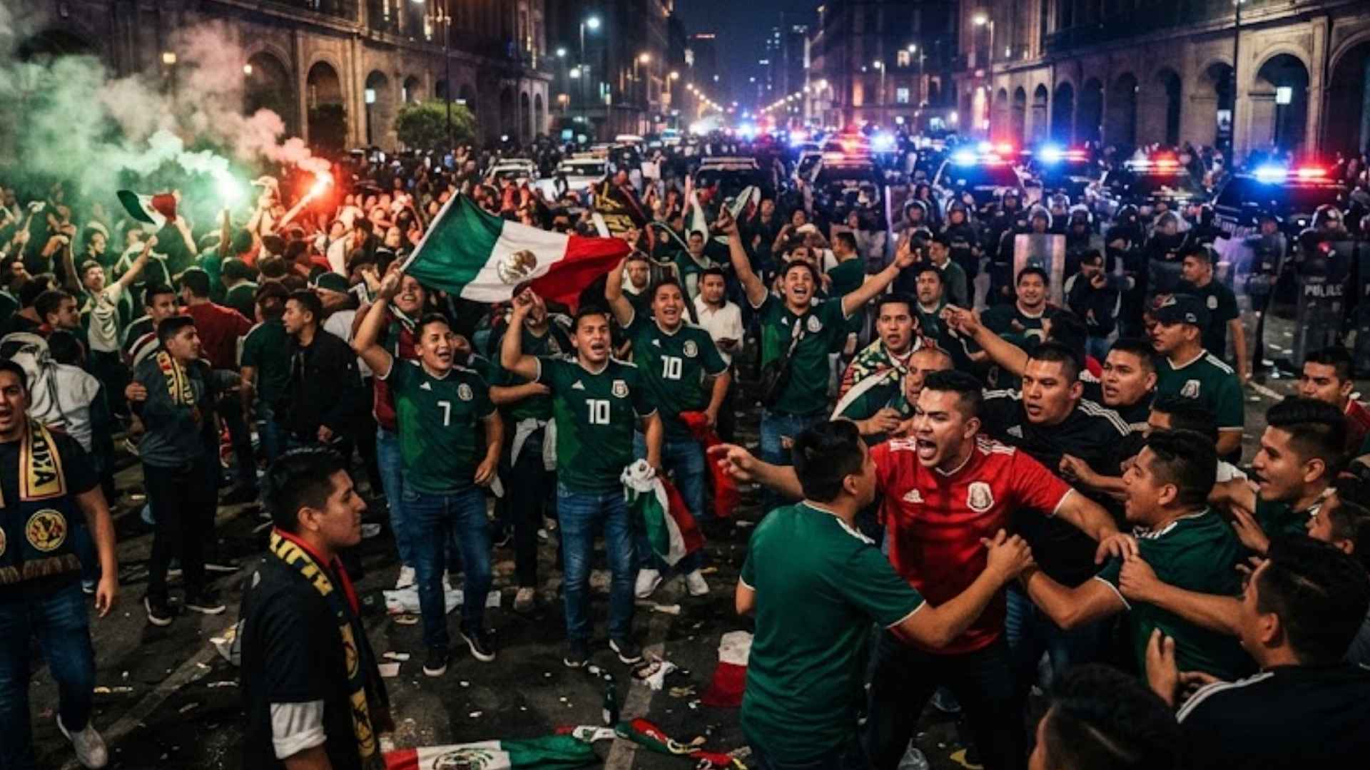Aficionados celebrando el Mundial 2026 en México con ambiente tenso y violento